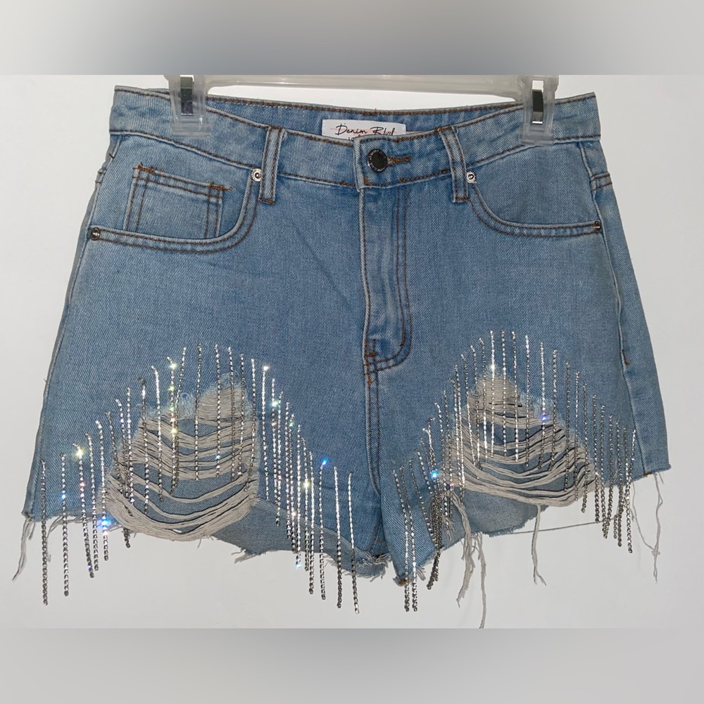 Denim Blvd Los Angeles Rhinestone Tassel Fringe Jean Shorts